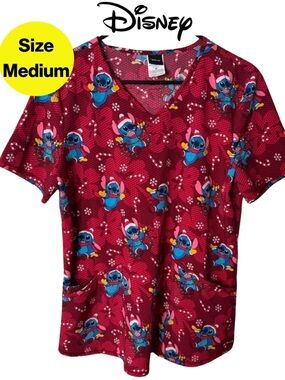 2/for $20 🪩 SANTA STITCH Vibrant Holiday Scrubs Top 🩺 (Size Medium)